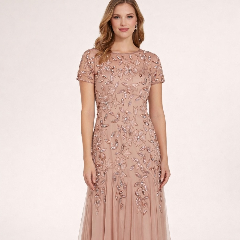Adrianna Papell Beaded Rose Gold Gown SZ 10 NWT Rose Gold Sequin Tulle Formal - Picture 3 of 10